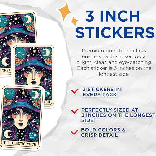 (3 Pack) Eclectic Witch Decals - Witch Tarot Card - Laptop Decal Stickers - 3 Inches On Longest Side - Easy Peel & Apply - Made in USA - 3MCS4166