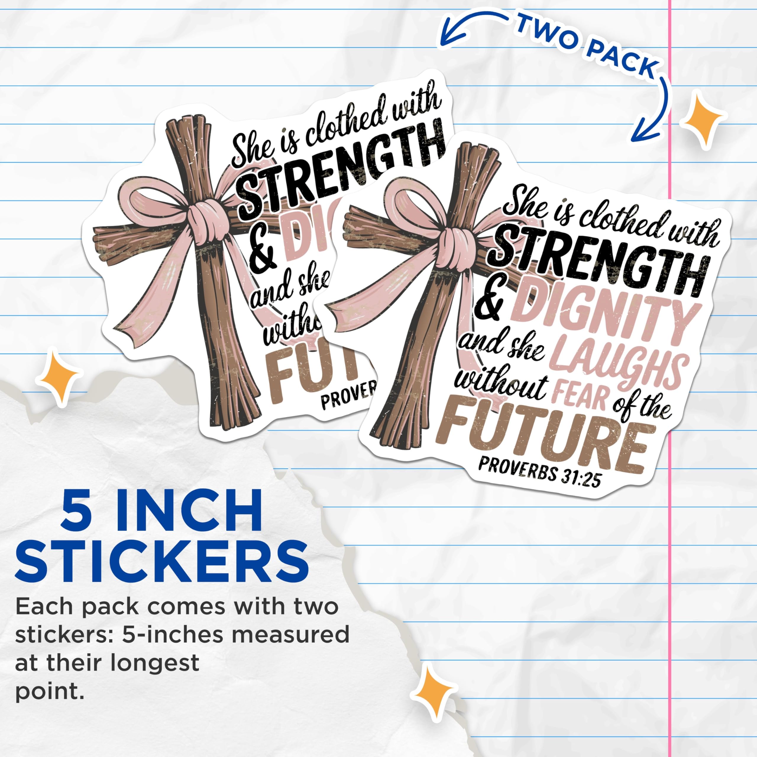 (2 Pack) Strength and Dignity Stickers - Inspirational Bible Verse Stickers - Proverbs 31:25 Stickers - 5" On Longest Side - Sticks to Any Smooth Flat Surface - Made in USA - BMCS3434