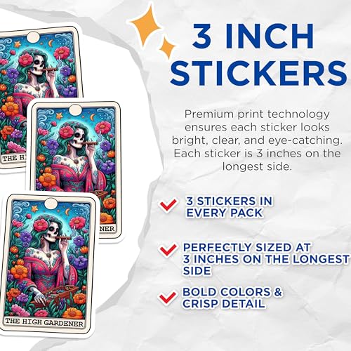 (3 Pack) High Gardener Tarot Decals - Day of The Dead - Sugar Skull Decor - 3 Inches On Longest Side - Easy Peel & Apply - Made in USA - 3MCS4199