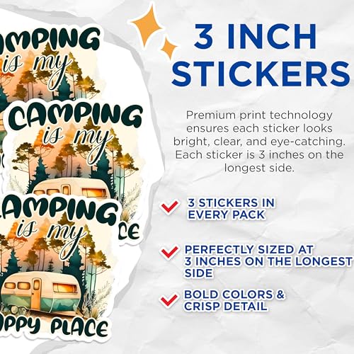 (3 Pack) Camping is My Happy Place Decals - RV Camper Stickers - Outdoor Adventure Decal - 3 Inches On Longest Side - Easy Peel & Apply - Made in USA - 3MCS1681