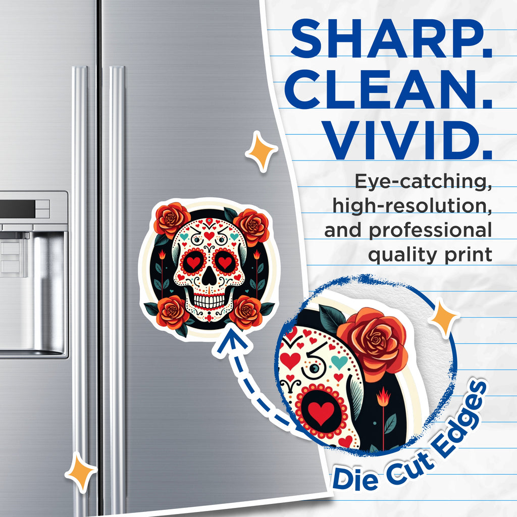 (2 Pack) Sugar Skull Magnets - Dia de Los Muertos Decor - Calavera Art Refrigerator Accent - 5 Inches On Longest Side - Thick Durable Magnet - Made in USA - MAG36288