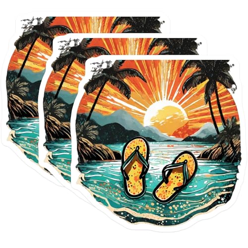 (3 Pack) Beach Scene Decals - Sunset Palms - Flip Flop Art - 3 Inches On Longest Side - Easy Peel & Apply - Made in USA - 3MCS8080