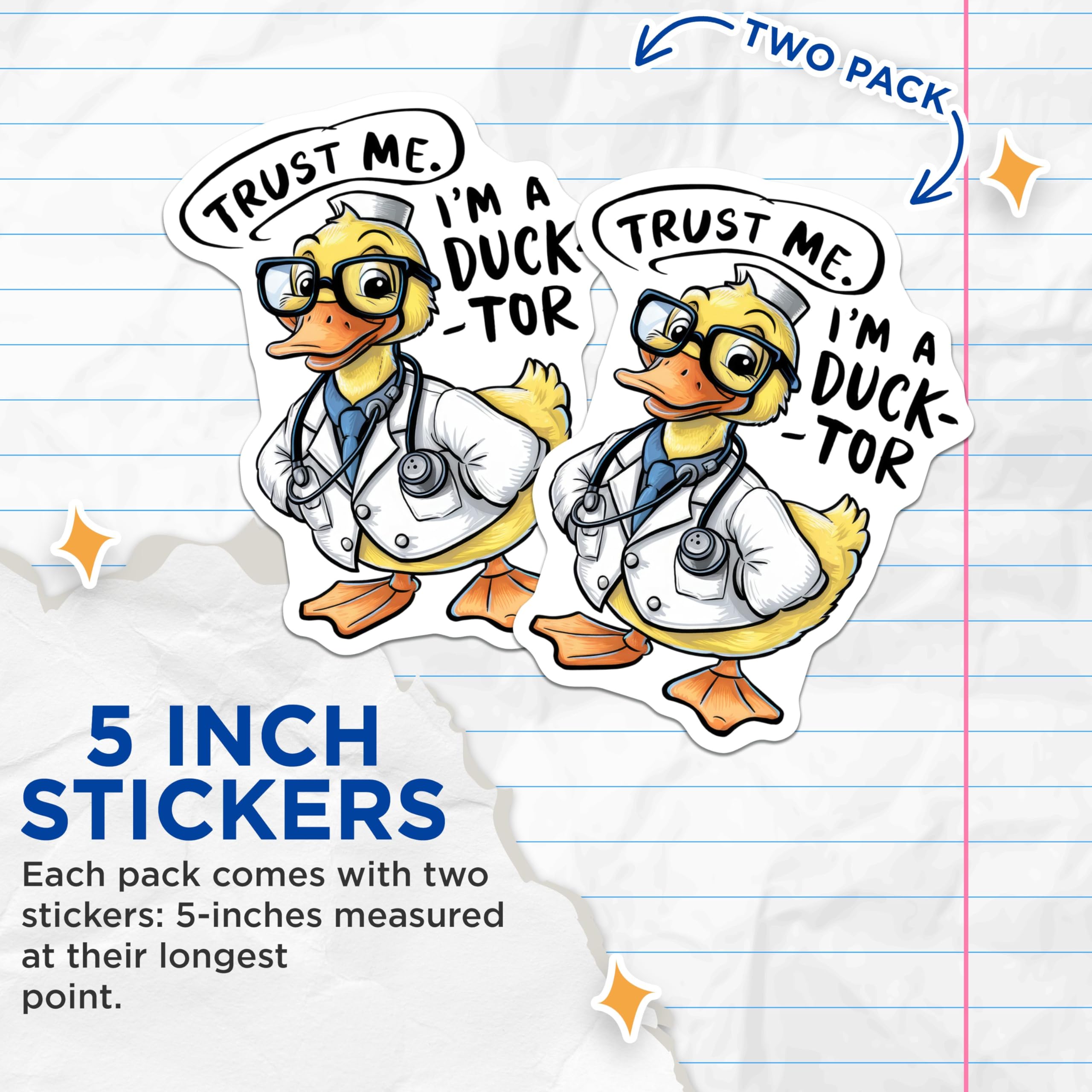 (2 Pack) Trust Me I'm A Ducktor Stickers - Funny Animal Stickers - Doctor Duck Stickers - 5" On Longest Side - Sticks to Smooth Flat Surfaces - Made in USA - BMCS9536