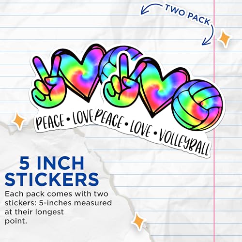 (2 Packs) Peace Love Volleyball Tiedye Stickers - Volleyball Player Mom Tie Dye Decals - 5 Inches On Longest Side - Premium Vinyl Decal - Sticks to Any Smooth Flat Surface - Made in USA - BMCS2354