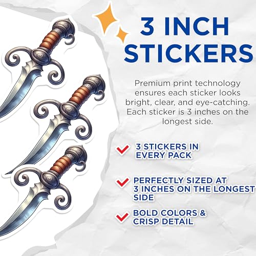 (3 Pack) Ornate Dagger Decals - Fantasy Sword - Weapon Decal for Laptop- 3 Inches On Longest Side - Easy Peel & Apply - Made in USA - 3MCS5467