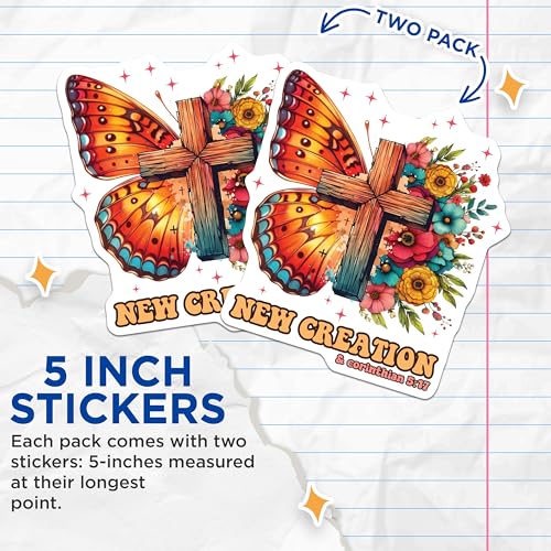 (2 Pack) New Creation Christian Stickers - Bible Verse Art Stickers - Inspirational Religious Stickers - 5" On Longest Side - Sticks to Smooth Flat Surfaces - Made in USA - BMCS3743