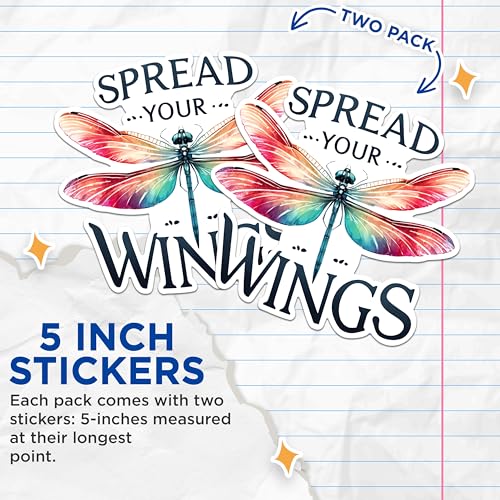 (2 Pack) Spread Your Wings Stickers - Dragonfly Inspirational Stickers - Motivational Quote Stickers - 5" On Longest Side - Sticks to Any Smooth Flat Surface - Made in USA - BMCS2690