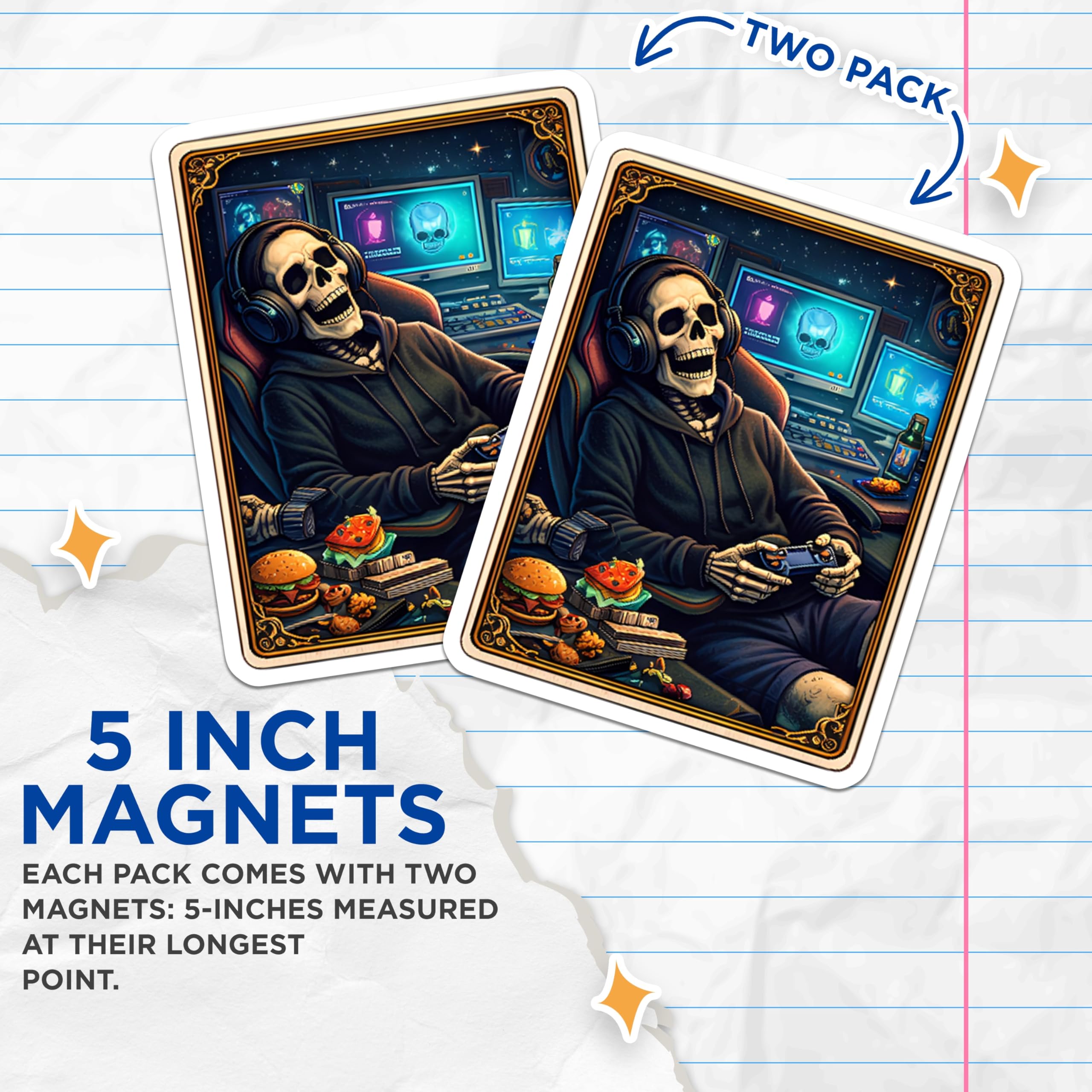 (2 Pack) Gamer Skeleton Magnets - Funny Gaming Memes - Skull Head Fridge Magnets - 5" On Longest Side - Premium Magnet - for Cars, Refrigerators, Toolboxes, Lockers - Made in USA - MAG15556
