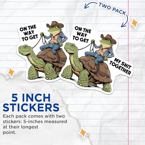 (2 Pack) Funny Quote Stickers - Frog Riding Turtle - Humor Stickers - 5" On Longest Side - Sticks to Smooth Flat Surfaces - Made in USA - BMCS9724