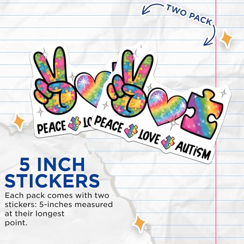 (2 Pack) Peace Love Autism Stickers - Autism Awareness - Rainbow Puzzle Stickers - 5" On Longest Side - Sticks to Smooth Flat Surfaces - Made in USA - BMCS9699