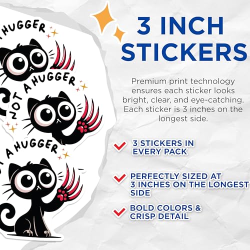 (3 Pack) Not A Hugger Decals - Grumpy Cat - Funny Sarcastic Laptop Stickers - 3 Inches On Longest Side - Easy Peel & Apply - Made in USA - 3MCS6108