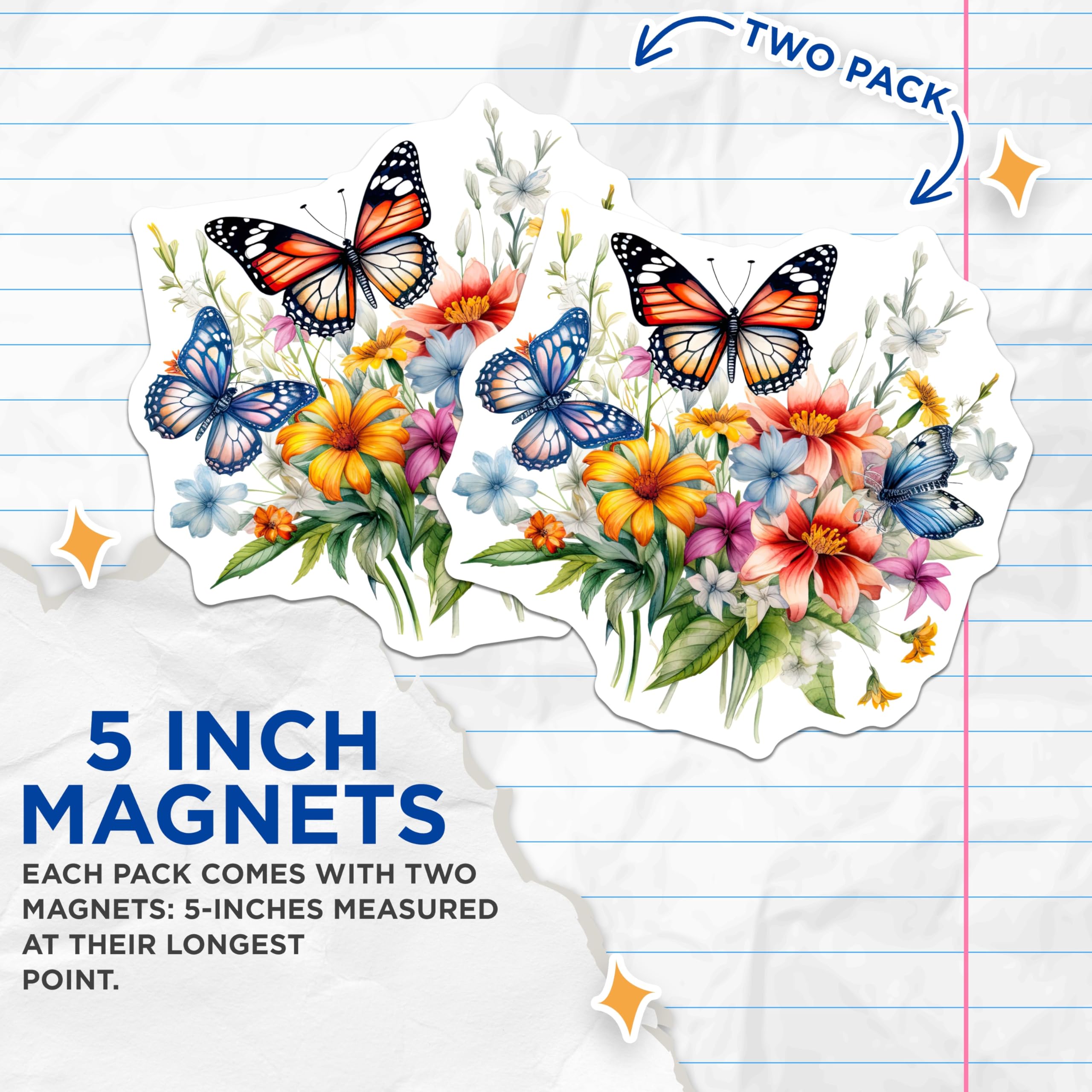 (2 Pack) Butterfly Floral Magnets - Botanical Home Decor - Spring Flower Bouquet Art - 5" On Longest Side - Premium Magnet - for Cars, Refrigerators, Toolboxes, Lockers - Made in USA - MAG14466