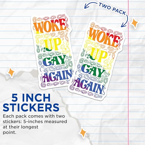 (2 Pack) Woke Up Gay Again Stickers - LGBTQ Pride Stickers - Colorful Motivational Stickers - 5" On Longest Side - Sticks to Smooth Flat Surfaces - Made in USA - BMCS4697