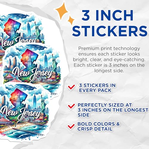 (3 Pack) New Jersey Decals - State Pride Stickers - Laptop Decal - Landmark Souvenir- 3 Inches On Longest Side - Easy Peel & Apply - Made in USA - 3MCS5471