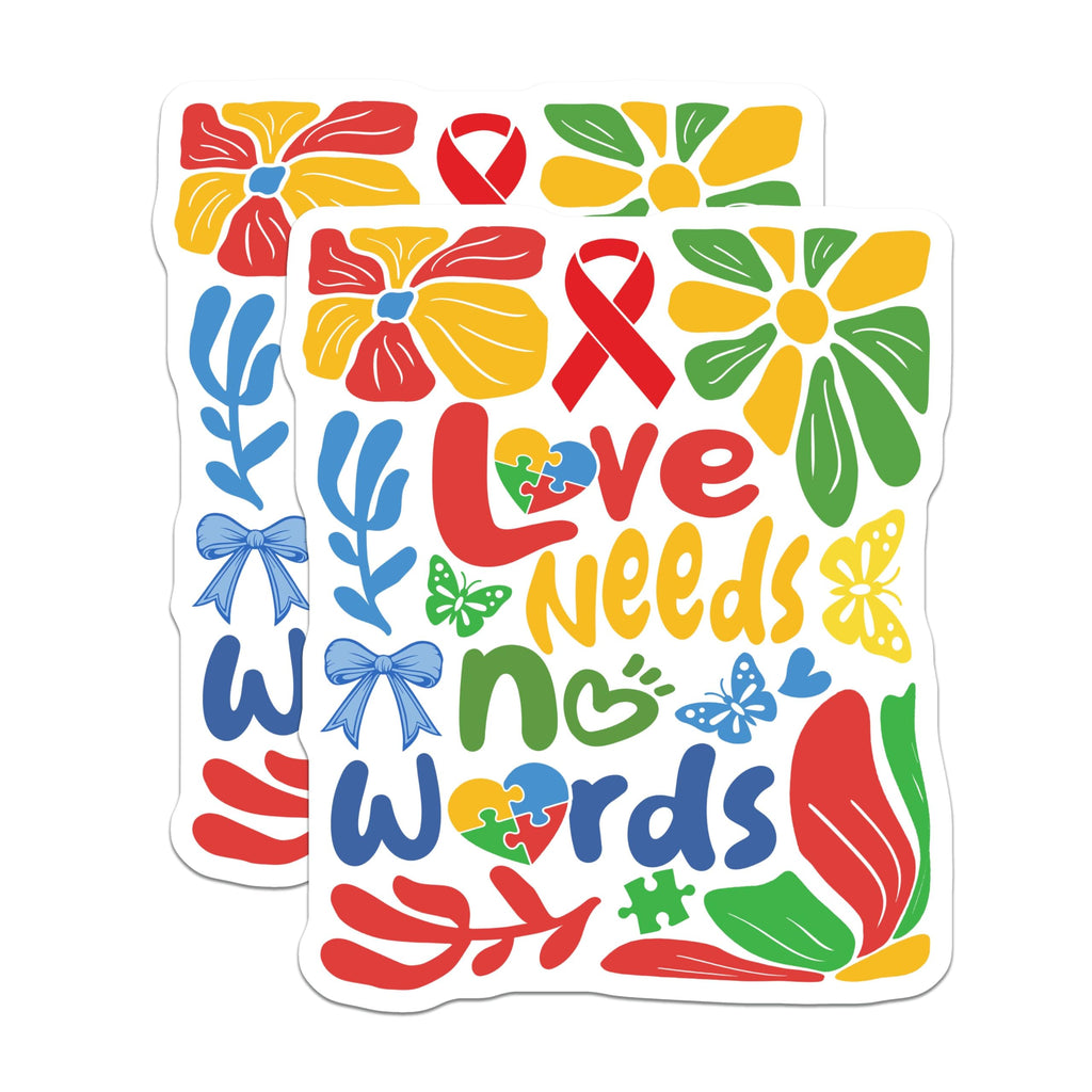 (2 Pack) Inspirational Autism Awareness Stickers - Love Needs No Words - Colorful Motivational Decals - 5" On Longest Side - Sticks to Smooth Flat Surfaces - Made in USA - BMCS9880