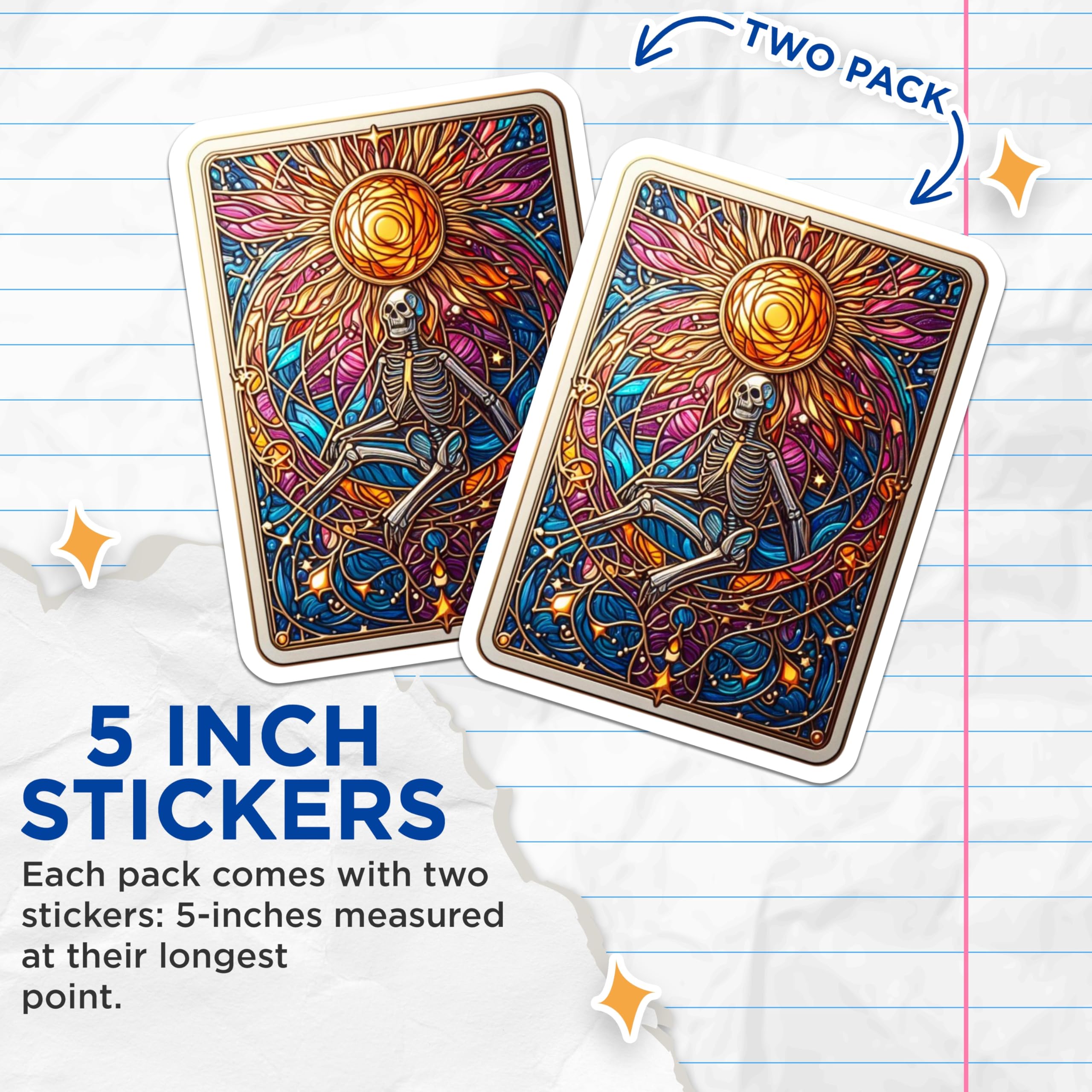 (2 Pack) Stained Glass Skeleton Stickers - Meditating Skeleton Art - Cosmic Sun Design - 5" On Longest Side - Sticks to Smooth Flat Surfaces - Made in USA - BMCS21042