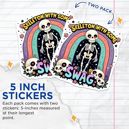 (2 Pack) Skeleton with Some Swag Stickers - Funny Skeleton Stickers - Cool Skeleton Stickers - 5" On Longest Side - Sticks to Smooth Flat Surfaces - Made in USA - BMCS5262