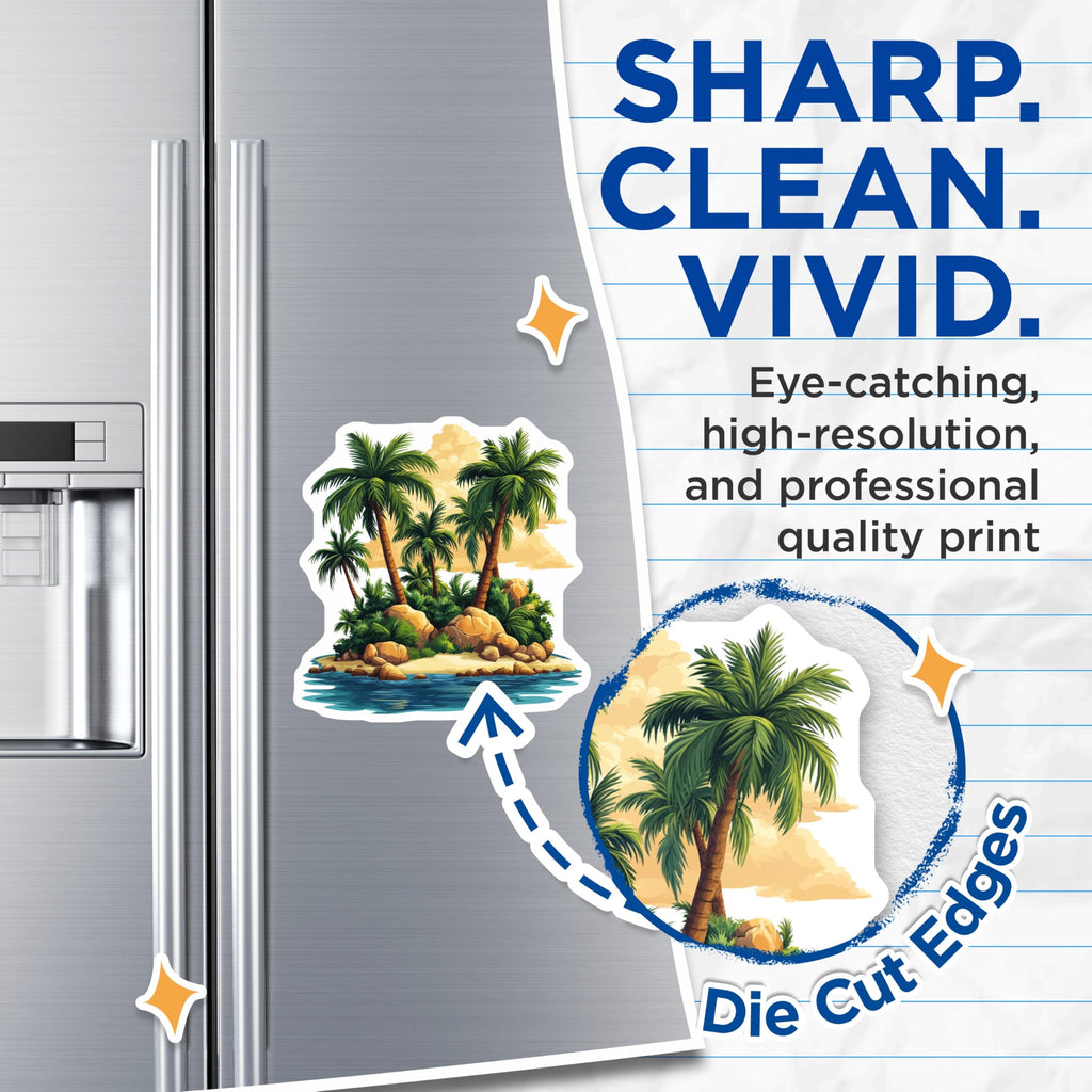 (2 Pack) Tropical Island Magnets - Palm Tree Beach Landscape - Vacation Paradise Refrigerator Decor - 5 Inches On Longest Side - Thick Durable Magnet - Made in USA - MAG29948