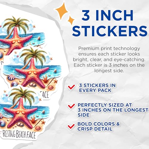 (3 Pack) Resting Beach Face Decals - Funny Starfish Stickers - Summer Vacation Decor - 3 Inches On Longest Side - Easy Peel & Apply - Made in USA - 3MCS8054