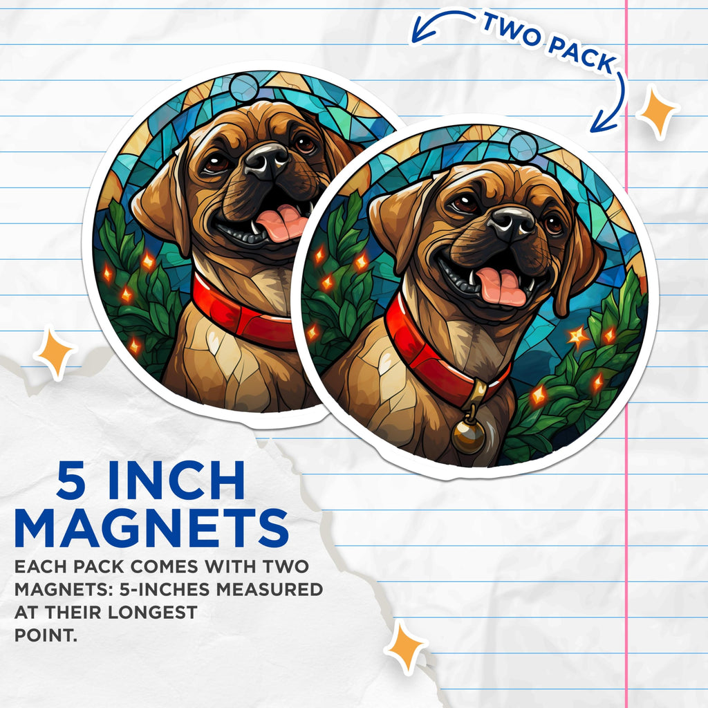 (2 Pack) Stained Glass Puppy Magnets - Happy Christmas Dog Art - Festive Holiday Pet Fridge Locker Display Accent for Home - 5 Inches On Longest Side - Thick Durable Magnet - Made in USA - MAG24750