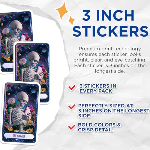 (3 Pack) Ghoster Decals - Skeleton on Phone - Floral Decals - 3 Inches On Longest Side - Easy Peel & Apply - Made in USA - 3MCS8755