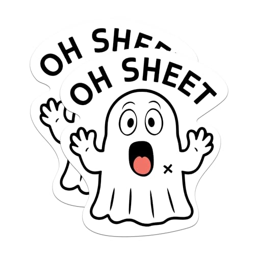 (2 Packs) Oh Sheet Funny Ghost Pun Stickers - Halloween Inspired Ghoul Decals - 5 Inches On Longest Side - Premium Vinyl Decal - Sticks to Any Smooth Flat Surface - Made in USA - BMCS2309