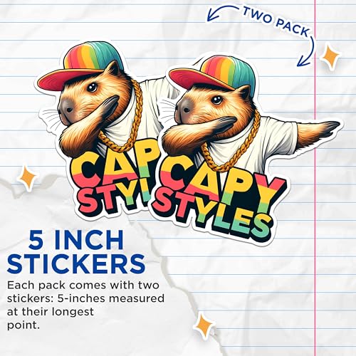 (2 Pack) Capybara Cool Stickers - Trendy Capy Styles Stickers - Fun Animal Graphic - 5" On Longest Side - Sticks to Any Smooth Flat Surface - Made in USA - BMCS2661