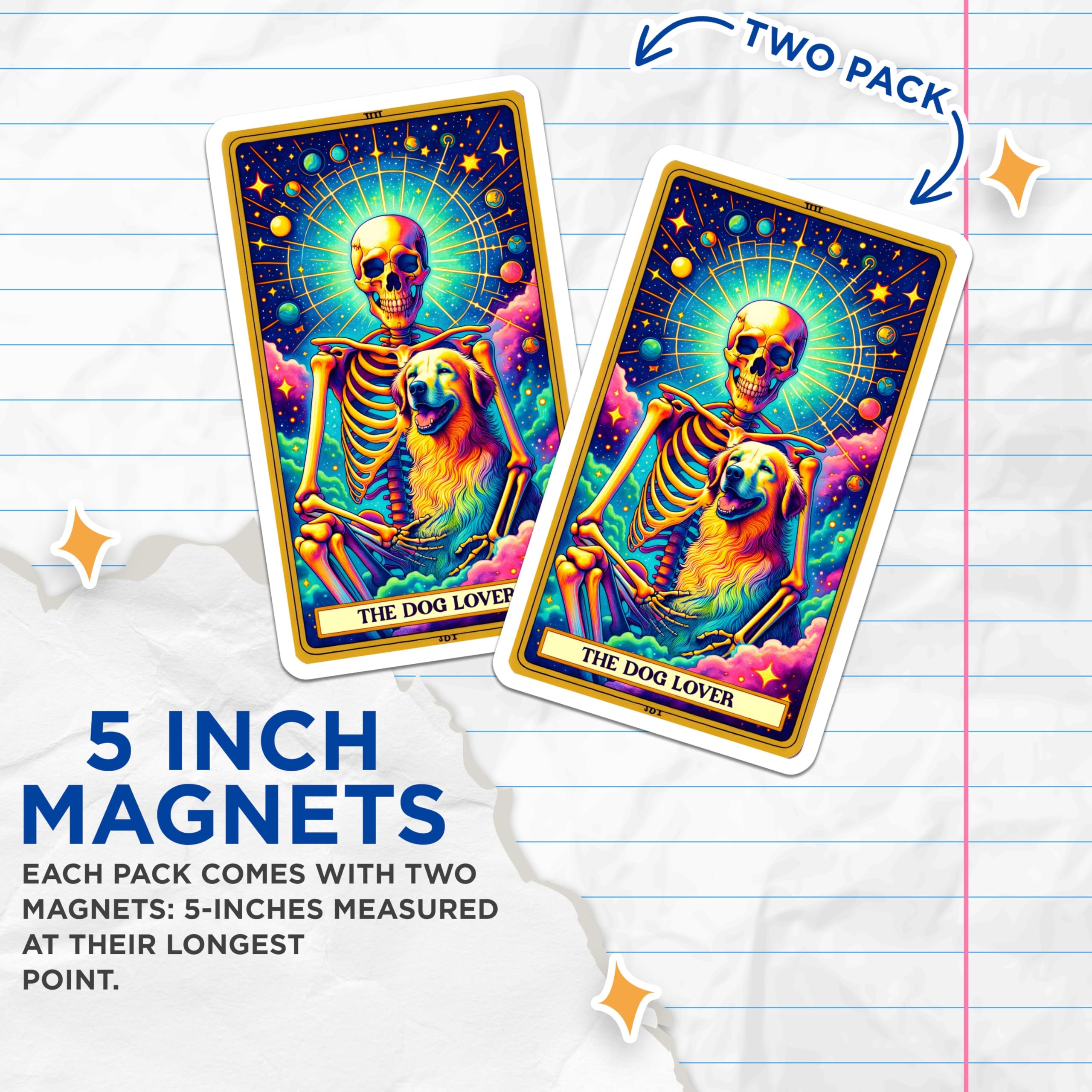 (2 Pack) Dog Lover Magnets - Rainbow Skeleton Pet Art - Cosmic Tarot Theme - Vibrant Fridge Display - 5 Inches On Longest Side - Thick Durable Magnet - Made in USA - MAG26901