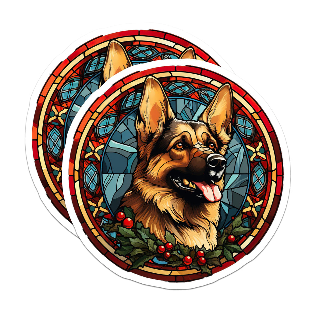 (2 Pack) German Shepherd Christmas Magnets - Stained Glass Dog Art - Holiday Pet Decor for Fridge - 5 Inches On Longest Side - Thick Durable Magnet - Made in USA - MAG30110
