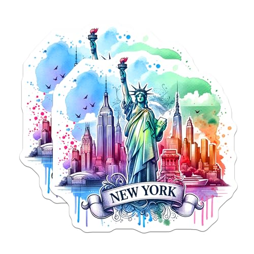 (2 Pack) New York Skyline Stickers - Statue of Liberty Stickers - Colorful Cityscape Stickers - 5" On Longest Side - Sticks to Smooth Flat Surfaces - Made in USA - BMCS7035