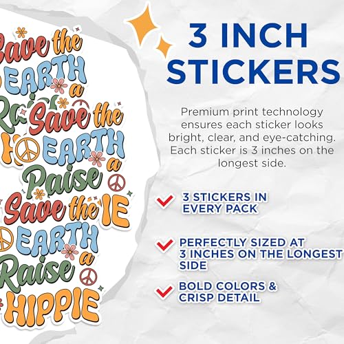(3 Pack) Save Earth Raise Hippie Decals - Retro Laptop Decal - Hippie Peace Sign - 3 Inches On Longest Side - Easy Peel & Apply - Made in USA - 3MCS1745