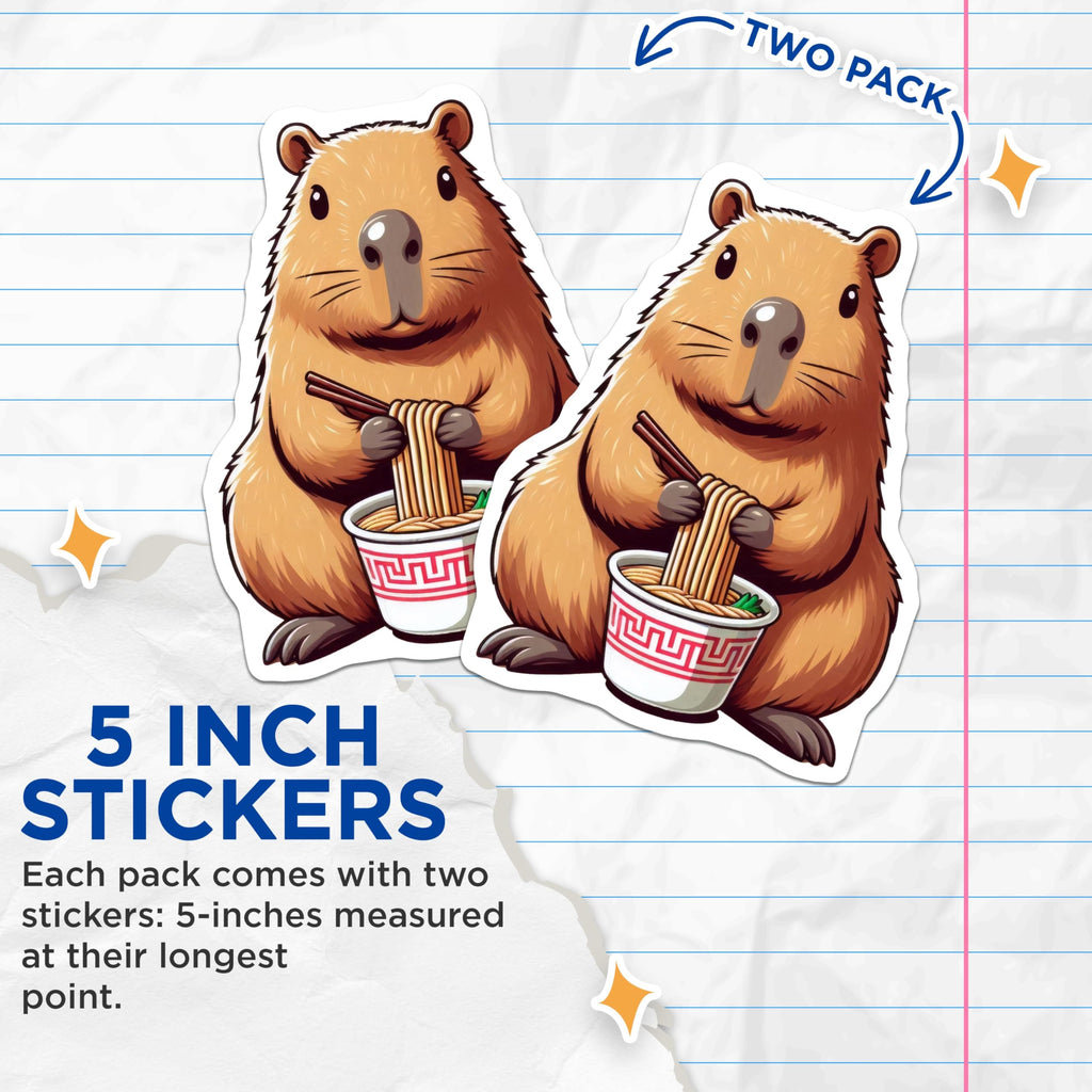 (2 Pack) Cute Noodle Eating Capybara Stickers - Animal Sticker - Fun Cartoon Design - 5" On Longest Side - Sticks to Smooth Flat Surfaces - Made in USA - BMCS9904