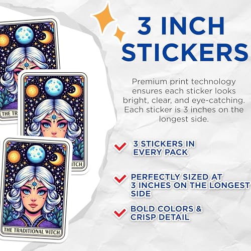 (3 Pack) Traditional Witch Decals - Tarot Card - Laptop Decal - 3 Inches On Longest Side - Easy Peel & Apply - Made in USA - 3MCS4279