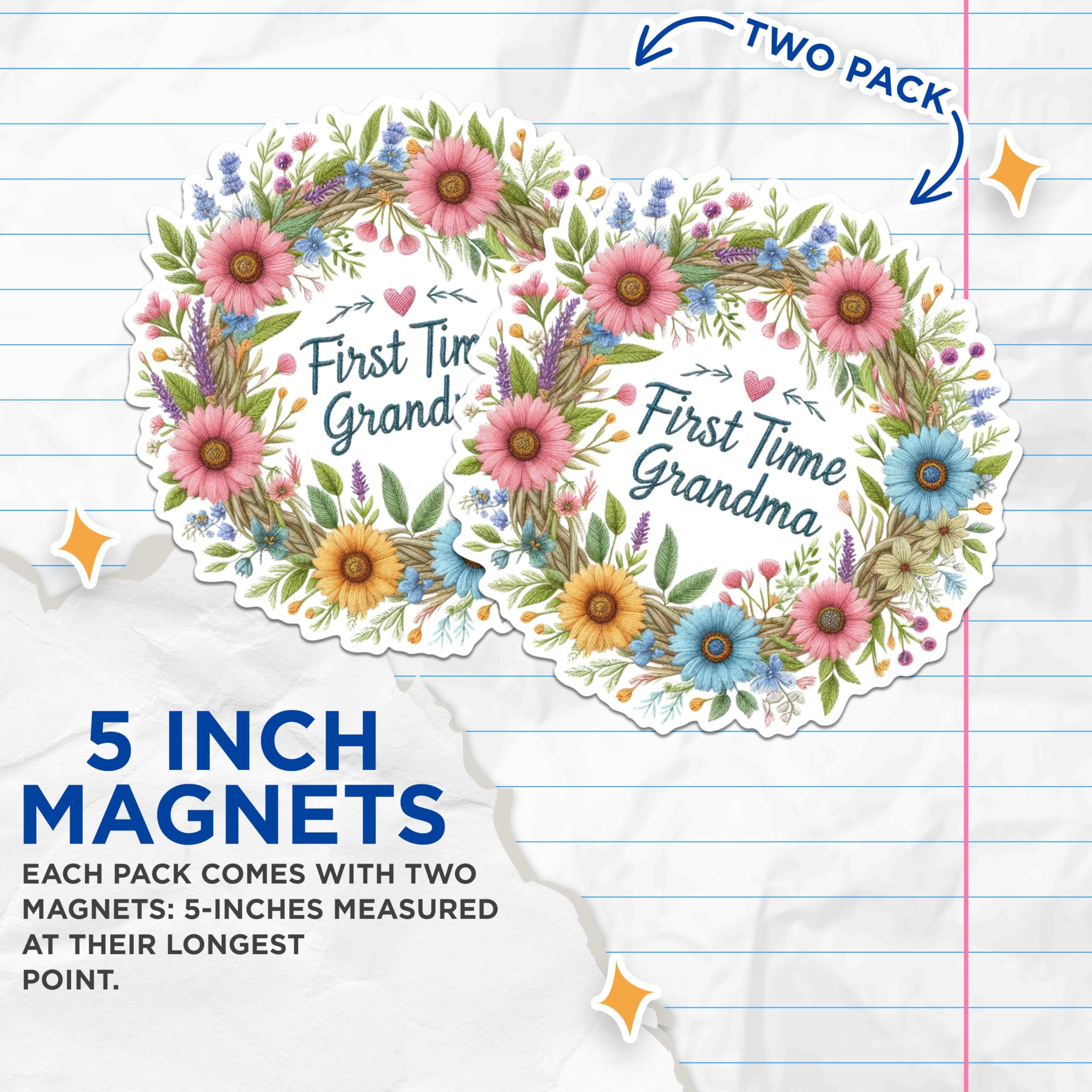 (2 Pack) First Time Grandma Magnets - Floral Wreath Magnets - Grandparent Announcement Magnets- 5" On Longest Side - for Fridges, Toolboxes, Cars - Made in USA - MAG2907