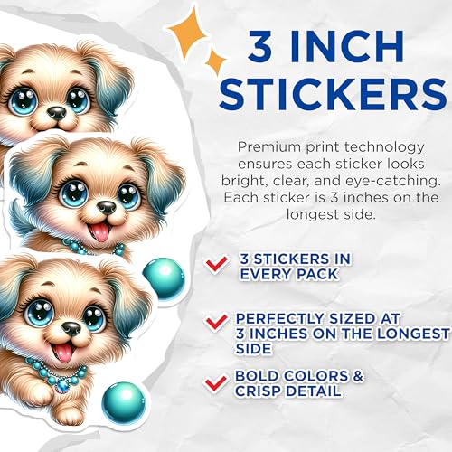 (3 Pack) Cute Puppy Decals - Animated Dog - Pet Stickers - 3 Inches On Longest Side - Easy Peel & Apply - Made in USA - 3MCS8204