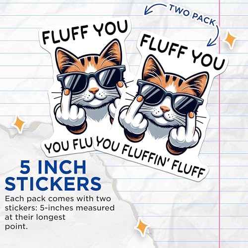 (2 Pack) Funny Cat Stickers - Rude Cat Meme - Fluff You Stickers - 5" On Longest Side - Sticks to Smooth Flat Surfaces - Made in USA - BMCS5659