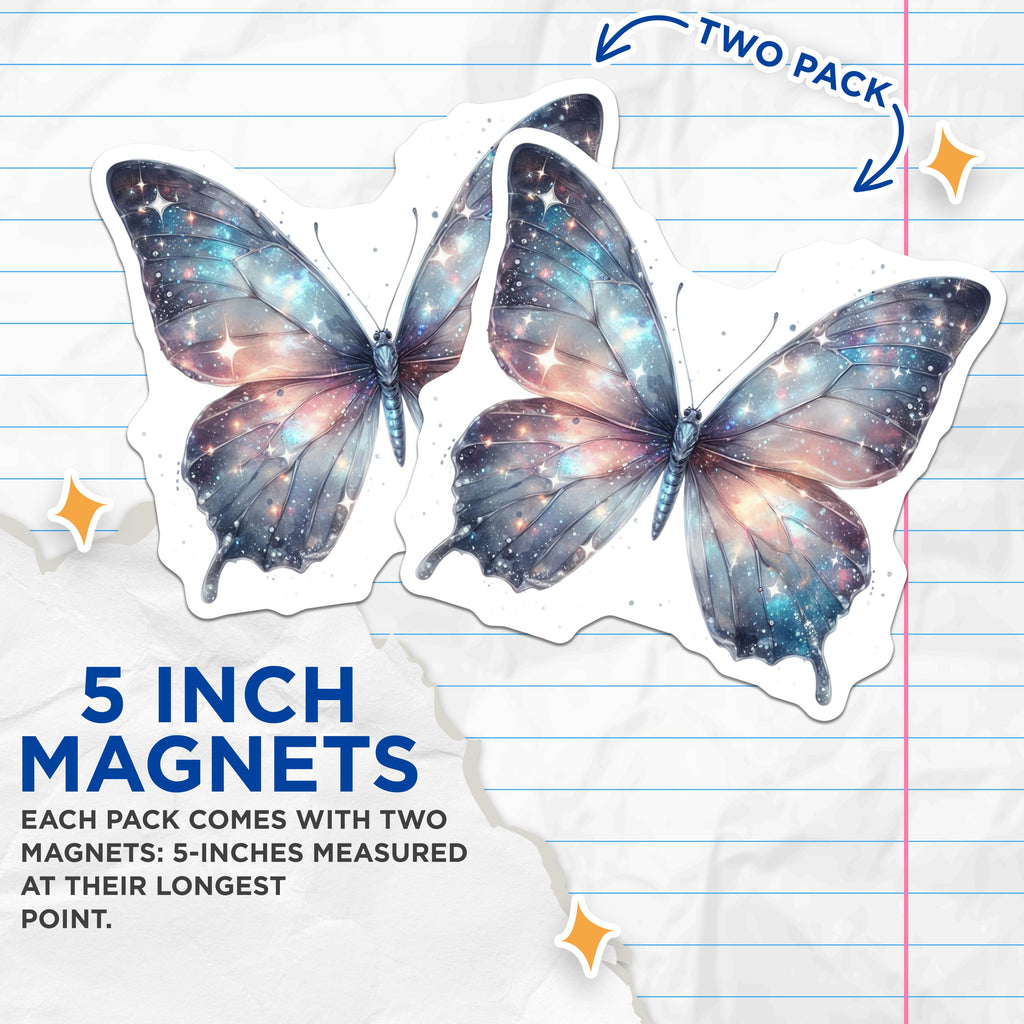 (2 Pack) Galaxy Butterfly Magnets - Celestial Space Aesthetic - Whimsical Fridge Locker Decor - Cosmic Starry Design for Her - 5 Inches On Longest Side - Thick Durable Magnet - Made in USA - MAG36613