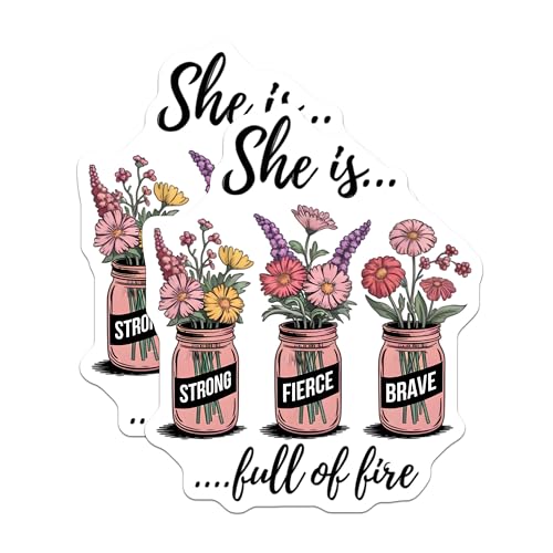 (2 Pack) She is Strong Fierce Brave Stickers - Inspirational Floral Quote - Motivational Waterproof Decal for Laptops - 5" On Longest Side - Sticks to Smooth Flat Surfaces - Made in USA - BMCS6646