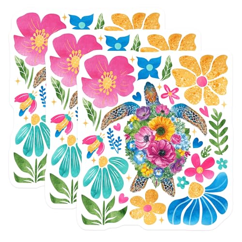 (3 Pack) Floral Sea Turtle Decals - Boho Flower Laptop Sticker - Decorative Animal Decal - 3 Inches On Longest Side - Easy Peel & Apply - Made in USA - 3MCS8642