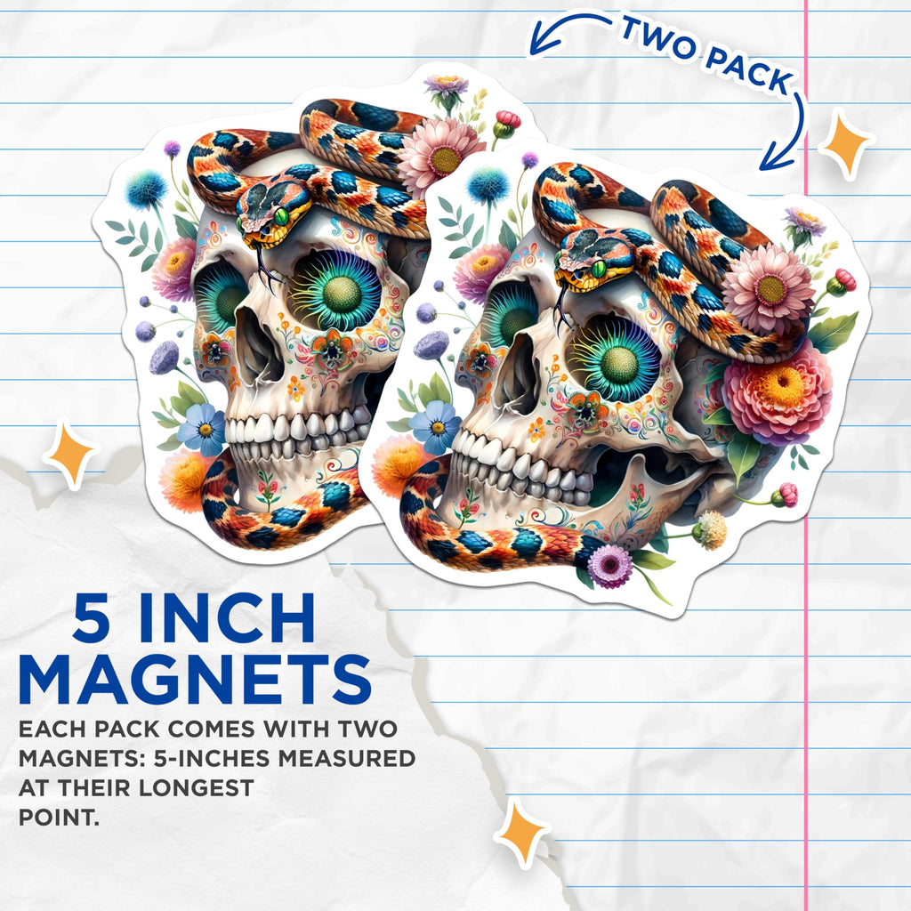 (2 Pack) Sugar Skull Snake Magnets - Día de Los Muertos Art - Vibrant Floral Decor - 5 Inches On Longest Side - Thick Durable Magnet - Made in USA - MAG23010