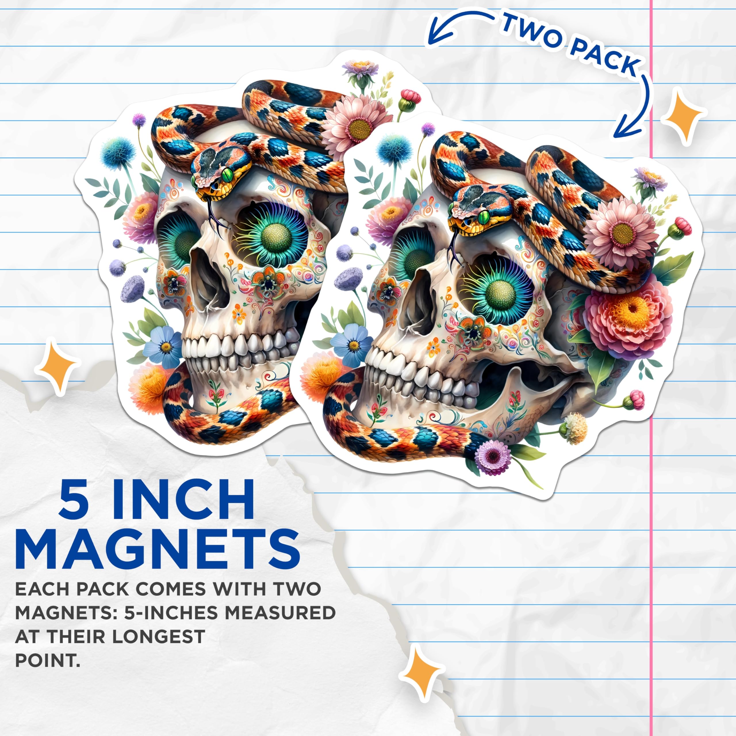 (2 Pack) Sugar Skull Snake Magnets - Día de Los Muertos Art - Vibrant Floral Decor - 5 Inches On Longest Side - Thick Durable Magnet - Made in USA - MAG23010