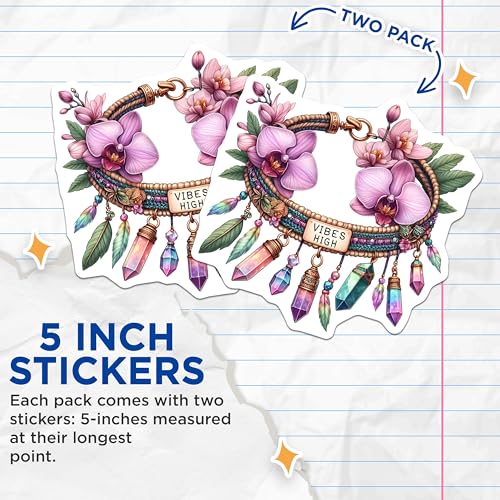 (2 Pack) High Vibes Stickers - Boho Crystals - Flower Mandala - 5" On Longest Side - Sticks to Smooth Flat Surfaces - Made in USA - BMCS8850