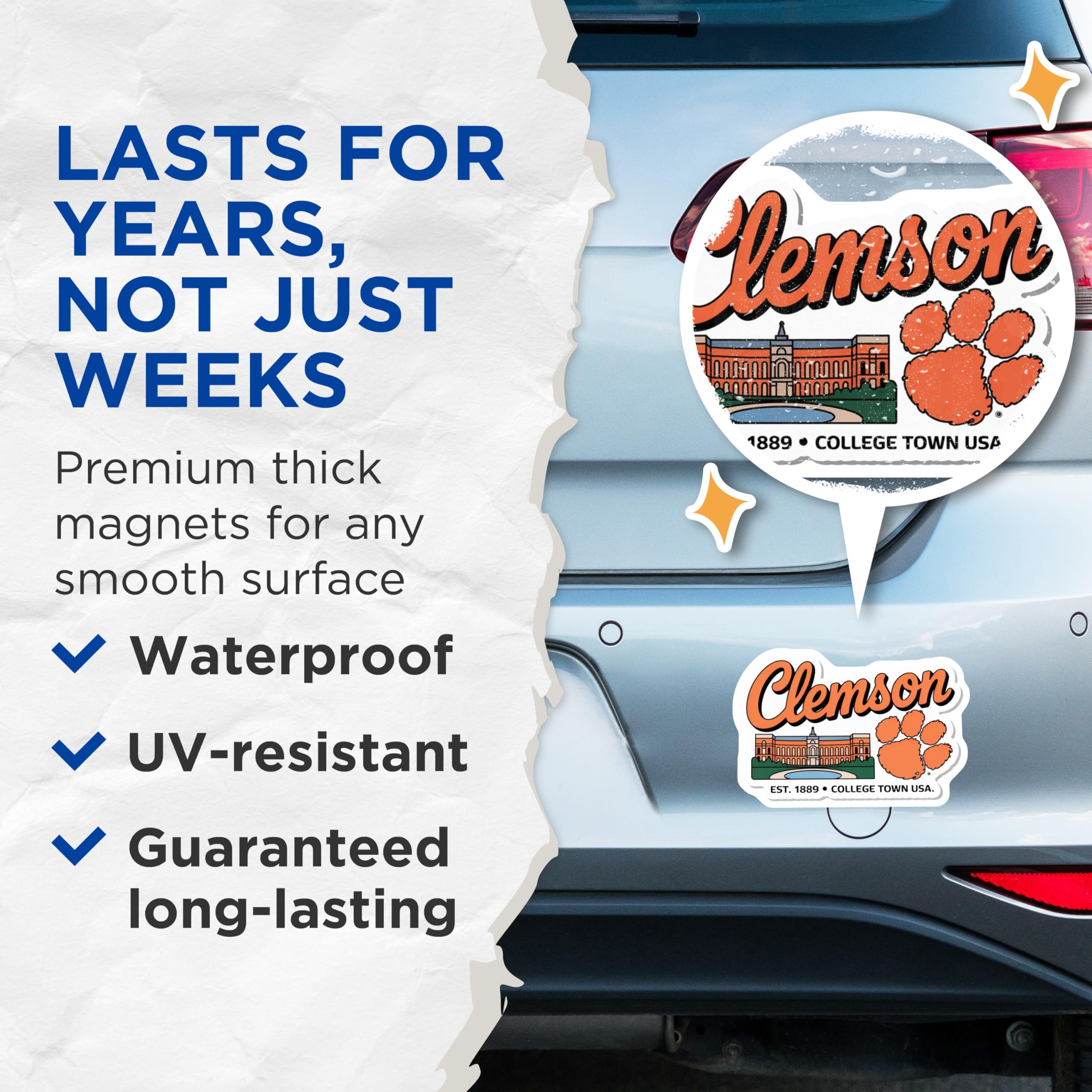 (2 Pack) Clemson University Magnets - College Town Decor - Tiger Paw Refrigerator Magnet - 5" On Longest Side - Premium Magnet - for Cars, Refrigerators, Toolboxes, Lockers - Made in USA - MAG17324