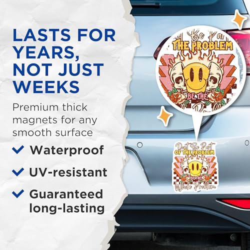 (2 Pack) Be The Whole Problem Magnets - Motivational Skull Magnets - Smiley Face Quote Magnets - 5" On Longest Side - for Cars, Refrigerators, Toolboxes, Lockers - Made in USA BMCS3433