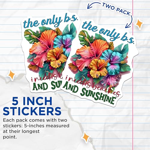 (2 Pack) Beaches and Sunshine Stickers - Tropical Flower Stickers - Summer Vibes Stickers - 5" On Longest Side - Sticks to Smooth Flat Surfaces - Made in USA - BMCS4324