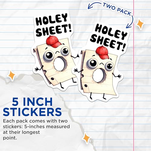 (2 Pack) Funny Holey Sheet Stickers - Cute Paper with Hat - Kawaii Emoji - Humorous Office - Fun Laptop Decals - 5" On Longest Side - Sticks to Smooth Flat Surfaces - Made in USA - BMCS7591