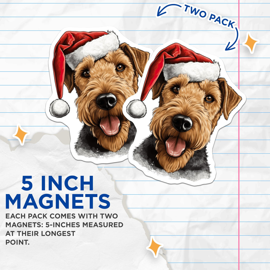 (2 Pack) Airedale Terrier Magnets - Festive Christmas Dog Decor - Santa Hat Dog Art - Holiday Kitchen Refrigerator Magnets - 5 Inches On Longest Side - Thick Durable Magnet - Made in USA - MAG24043