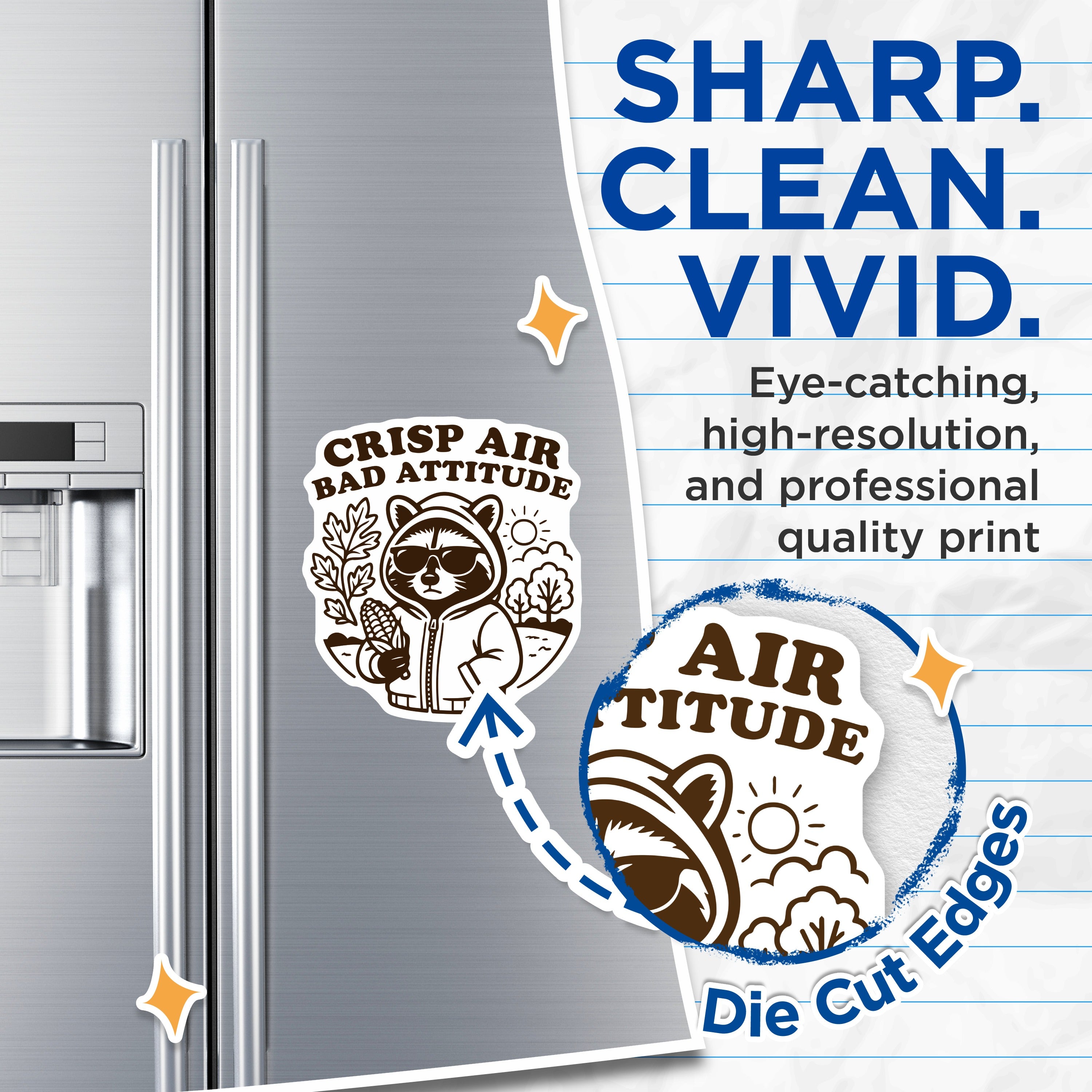 (2 Pack) Crisp Air Bad Attitude Magnets - Sarcastic Raccoon Art - Cozy Autumn Decor - Unique Refrigerator Accent - 5 Inches On Longest Side - Thick Durable Magnet - Made in USA - MAG36451