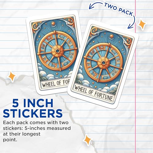 (2 Packs) Wheel of Fortune Tarot Card Stickers - Tarot Card Spiritual Metaphysical Decals - 5 Inches On Longest Side - Premium Vinyl Decal - Sticks to Any Smooth Flat Surface - Made in USA - BMCS2253