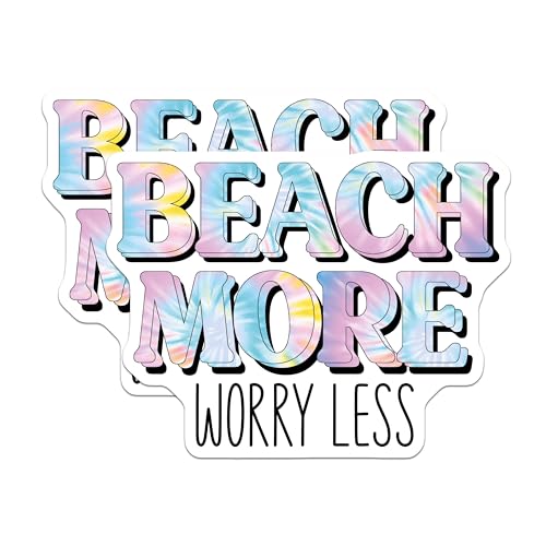(2 Pack) Beach More Worry Less Stickers - Inspirational Quote Stickers - Colorful Motivational Stickers - 5" On Longest Side - Sticks to Smooth Flat Surfaces - Made in USA - BMCS3870